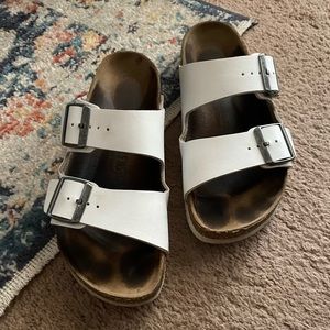 Birkenstock White Sandals with Silver Buckles